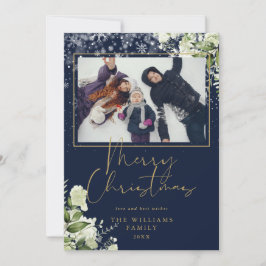 メリークリスマス スノー フローラル ゴールド アンド ブルー フォト シーズンカード