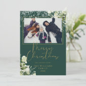 メリークリスマス スノー フローラル ゴールド＆グリーン フォト シーズンカード (スタンド正面)