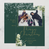 メリークリスマス スノー フローラル ゴールド＆グリーン フォト シーズンカード (正面/裏面)