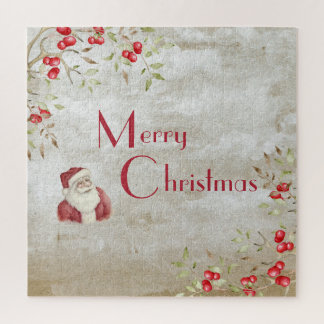 「メリークリスマス」タイポグラフィウォーター色サンタ ジグソーパズル