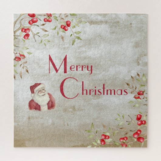 「メリークリスマス」タイポグラフィウォーター色サンタ ジグソーパズル (縦)