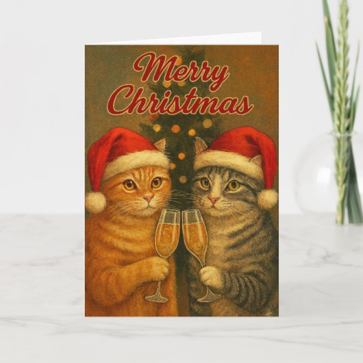 メリークリスマス - ツリーの下で乾杯する猫たち カード (正面)