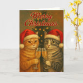メリークリスマス - ツリーの下で乾杯する猫たち カード (黄色い花)