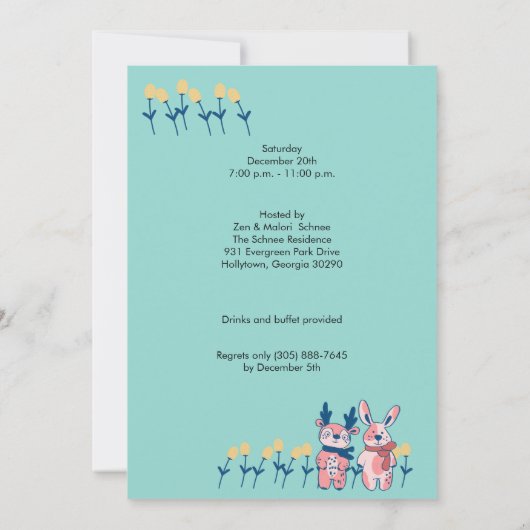 メリークリスマス – ティールにいるトナカイとウサギ 招待状 (裏面)