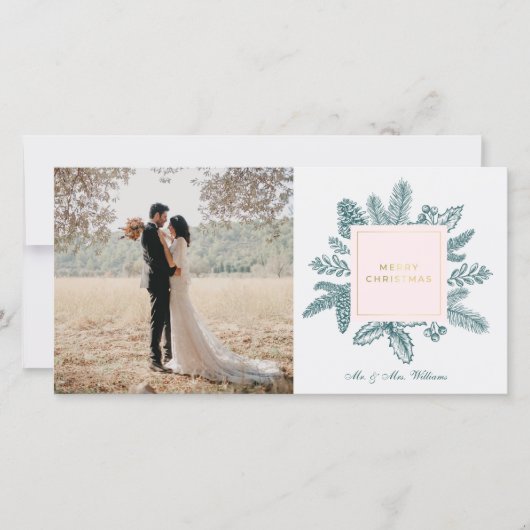 メリークリスマス ティール フラワーズ | フォト ホリデー カード (正面)