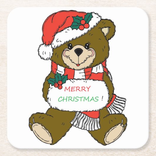 「メリークリスマス」テディベア スクエアペーパーコースター (正面)