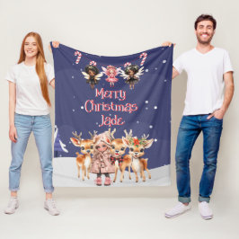 メリークリスマス+トナカイ+ペパーミント+妖精+名前入り フリースブランケット