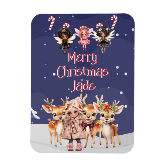 メリークリスマス+トナカイ+ペパーミント+妖精+名前入り マグネット (縦)