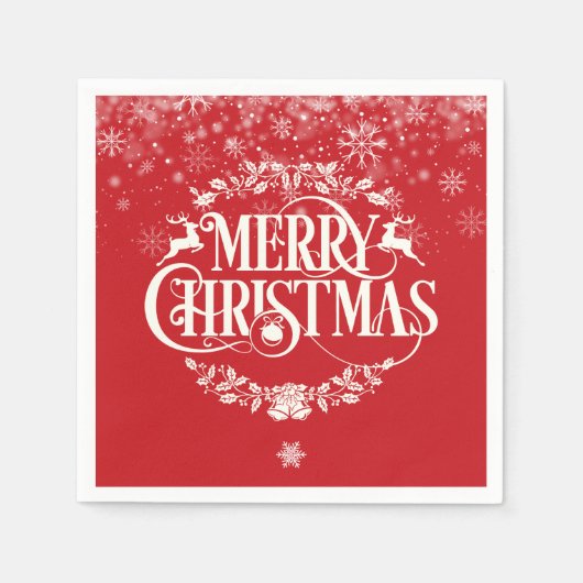 メリークリスマス　トナカイ　ホリー　ウィンター　スノーフレークス スタンダードカクテルナプキン (正面)