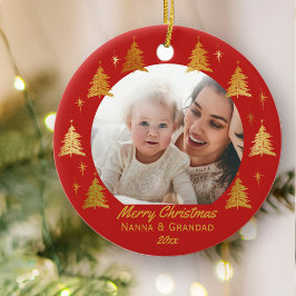 メリークリスマス ナーナ＆グランダッド - 赤とゴールドの写真 セラミックオーナメント