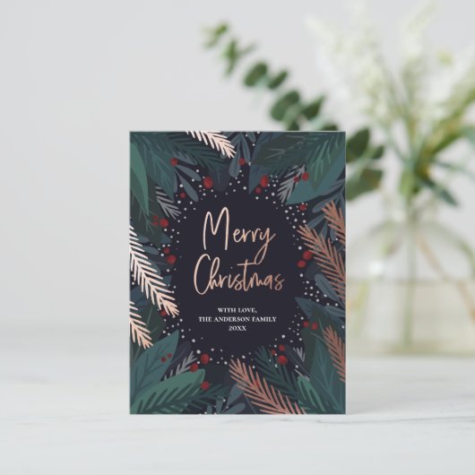 メリークリスマス.ネイビーとグリーン。金ゴールド スタイリッシュ シーズンポストカード (スタンド正面)