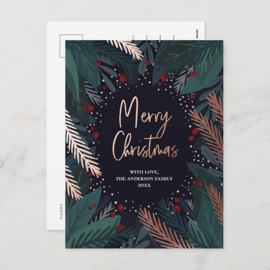 メリークリスマス.ネイビーとグリーン。金ゴールド スタイリッシュ シーズンポストカード (正面/裏面)