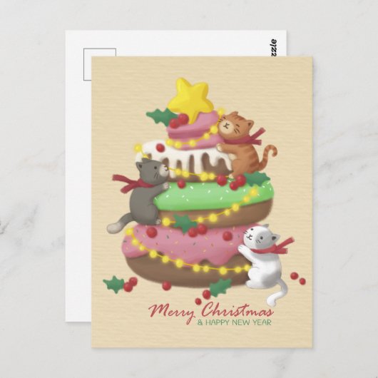 メリークリスマス：ネコとスイーツイラストレーション ポストカード (正面/裏面)