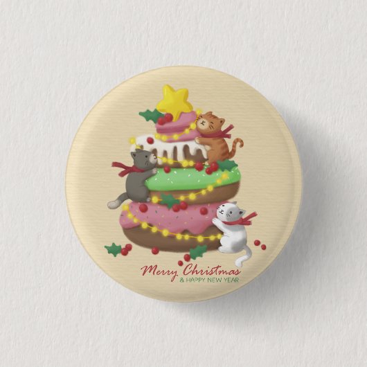 メリークリスマス：ネコとスイーツイラストレーション 缶バッジ (正面)