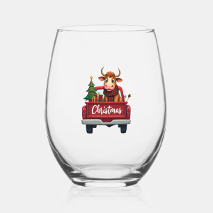 メリークリスマス ハイランドカウ クリスマスツリー 赤 トラック ステムなしワイングラス