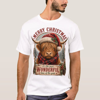 メリークリスマス ハイランドカウ グラフィック - 祝祭のホル Tシャツ