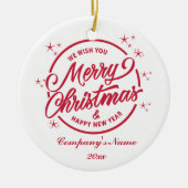 メリークリスマス&ハッピーニューイェアレッドタイポグラフィ セラミックオーナメント (正面)