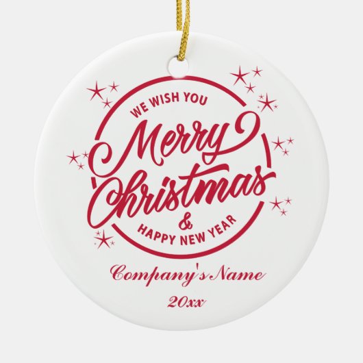 メリークリスマス&ハッピーニューイェアレッドタイポグラフィ セラミックオーナメント (正面)