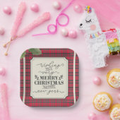 メリークリスマス&ハッピーニューイヤータータンチェック名 ペーパープレート (パーティー)