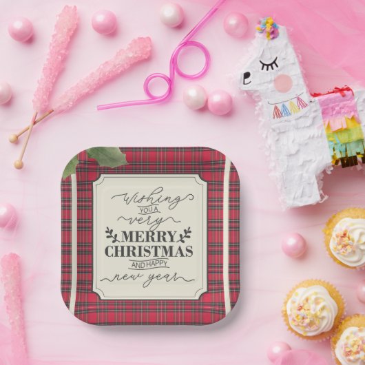 メリークリスマス&ハッピーニューイヤータータンチェック名 ペーパープレート (パーティー)