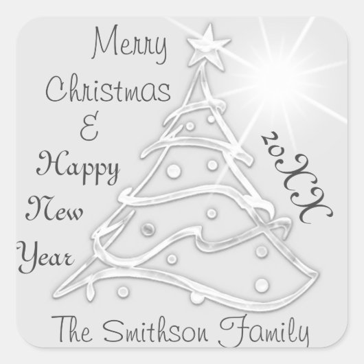 メリークリスマス&ハッピーニューイヤーツリーグレーシルバー スクエアシール (正面)
