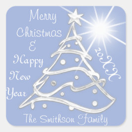 メリークリスマス&ハッピーニューイヤーツリーグレーブルー スクエアシール