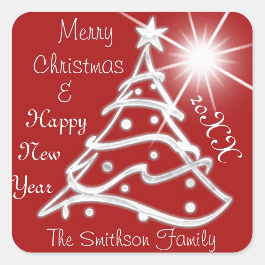 メリークリスマス&ハッピーニューイヤーツリーグレーレッド スクエアシール (正面)