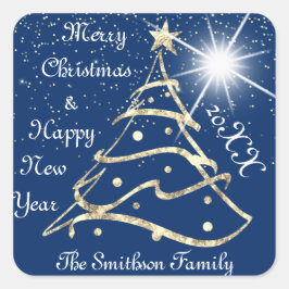 メリークリスマス&ハッピーニューイヤーツリーネイビー金ゴールド スクエアシール