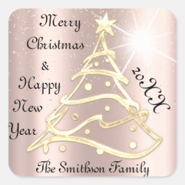 メリークリスマス&ハッピーニューイヤーツリーバラ金ゴールド スクエアシール