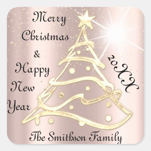 メリークリスマス&ハッピーニューイヤーツリーバラ金ゴールド スクエアシール (正面)