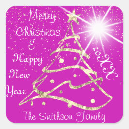 メリークリスマス&ハッピーニューイヤーツリーピンク金ゴールド スクエアシール