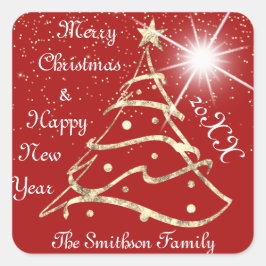 メリークリスマス&ハッピーニューイヤーツリーレッド金ゴールド スクエアシール
