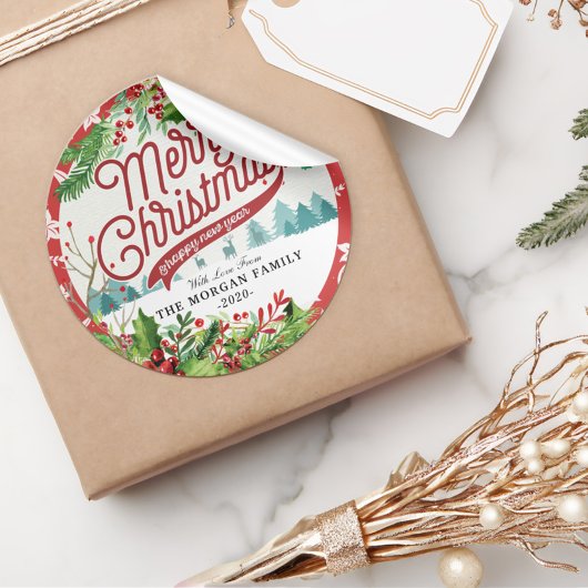 メリークリスマス&ハッピーニューイヤーホリデーグリーティング ラウンドシール