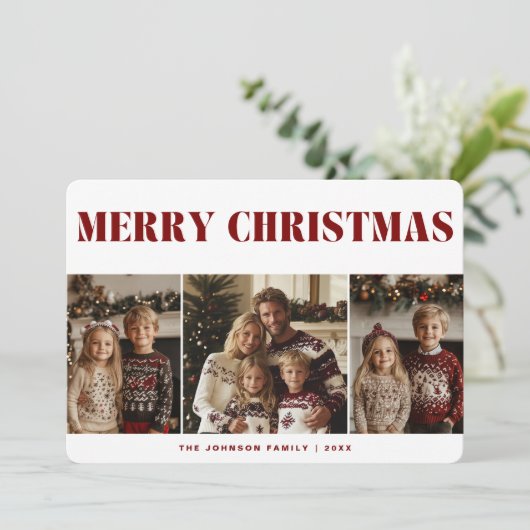 メリークリスマス&ハッピーニューイヤー家族写真赤 シーズンカード (スタンド正面)