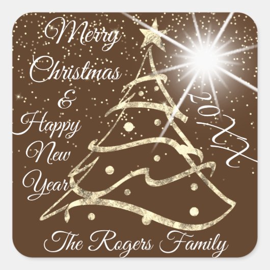 メリークリスマス&ハッピーニューイヤー金ゴールドブラウン スクエアシール (正面)