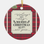メリークリスマス ハッピーニューイヤー チェック柄 セラミックオーナメント (正面)