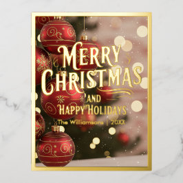 メリークリスマス、ハッピーホリデー、赤オーナメント 箔シーズンポストカード