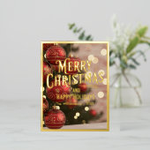 メリークリスマス、ハッピーホリデー、赤オーナメント 箔シーズンポストカード (立ち正面)