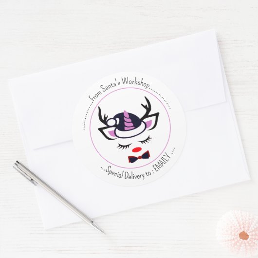 メリークリスマス.ハッピーユニコーン顔 ラウンドシール (封筒)