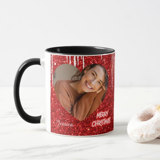 メリークリスマス ハートの写真入り 名前入り マグカップ (ドーナツ)