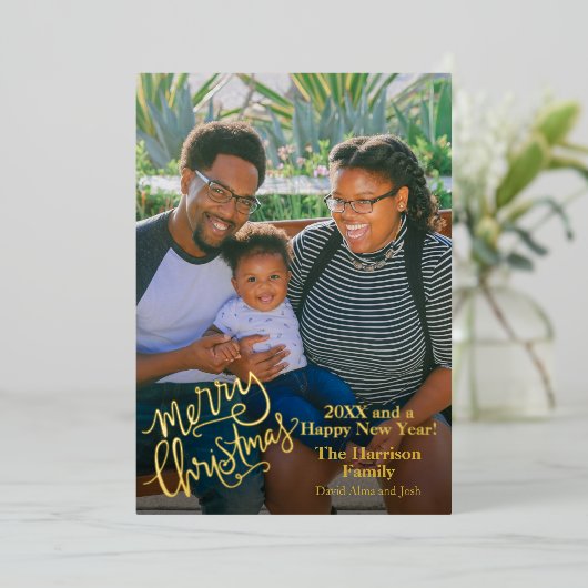 メリークリスマス パーソナライズ 写真 ゴールド 箔シーズンカード (立ち正面)