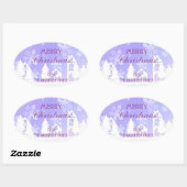 メリークリスマス パープルホワイトハウス スノーフレークス 楕円形シール (シート)