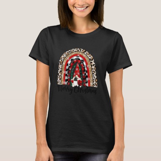 メリークリスマス ヒョウ柄 グノーム 虹柄ブーツ Tシャツ (正面)