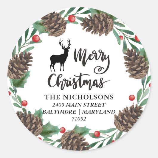 メリークリスマス |ピネコンリース差出人住所 ラウンドシール (正面)