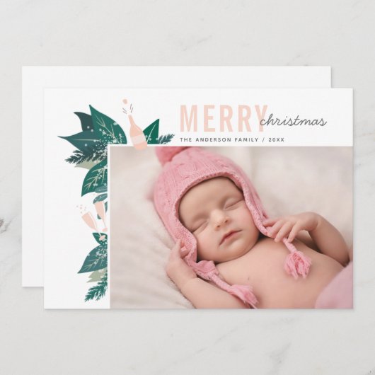 メリークリスマス.ピンクと緑のフローラ植物学 シーズンカード (正面/裏面)