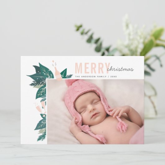 メリークリスマス.ピンクと緑のフローラ植物学 シーズンカード (スタンド正面)