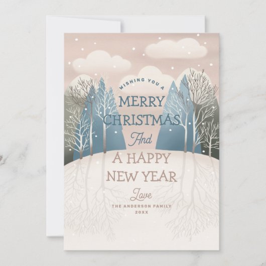 メリークリスマス.ピンクの冬の森林風景 シーズンカード (正面)