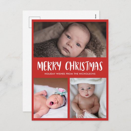 メリークリスマス |ファーストベビークリスマス写真 |赤 シーズンポストカード (正面/裏面)