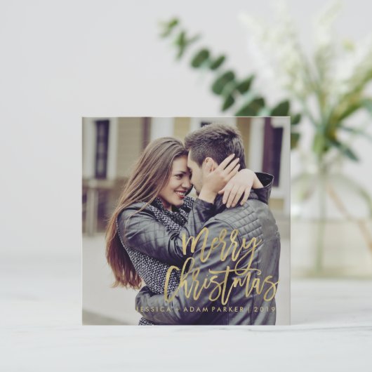 メリークリスマス |フェイク金ゴールドタイポグラフィ（写真付き） シーズンカード (スタンド正面)