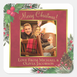 メリークリスマス!フェスティバルホリー&パイン写真付き スクエアシール